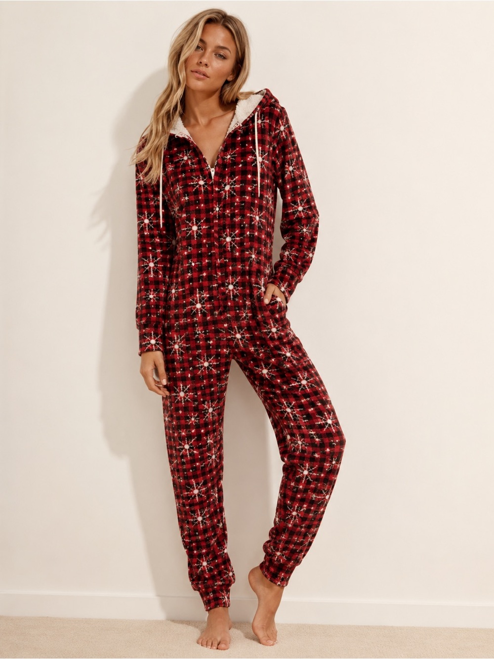 NWOT  Christmas Cozy Red Plaid Hoodie Onesie with Snowflake Print Size Small